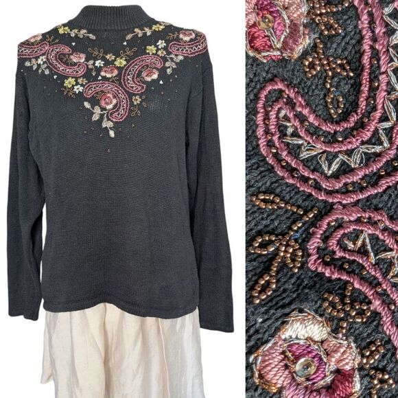 Black Embroidered Beaded Embellished Sweater Ramie Cotton L - Picture 2 of 13